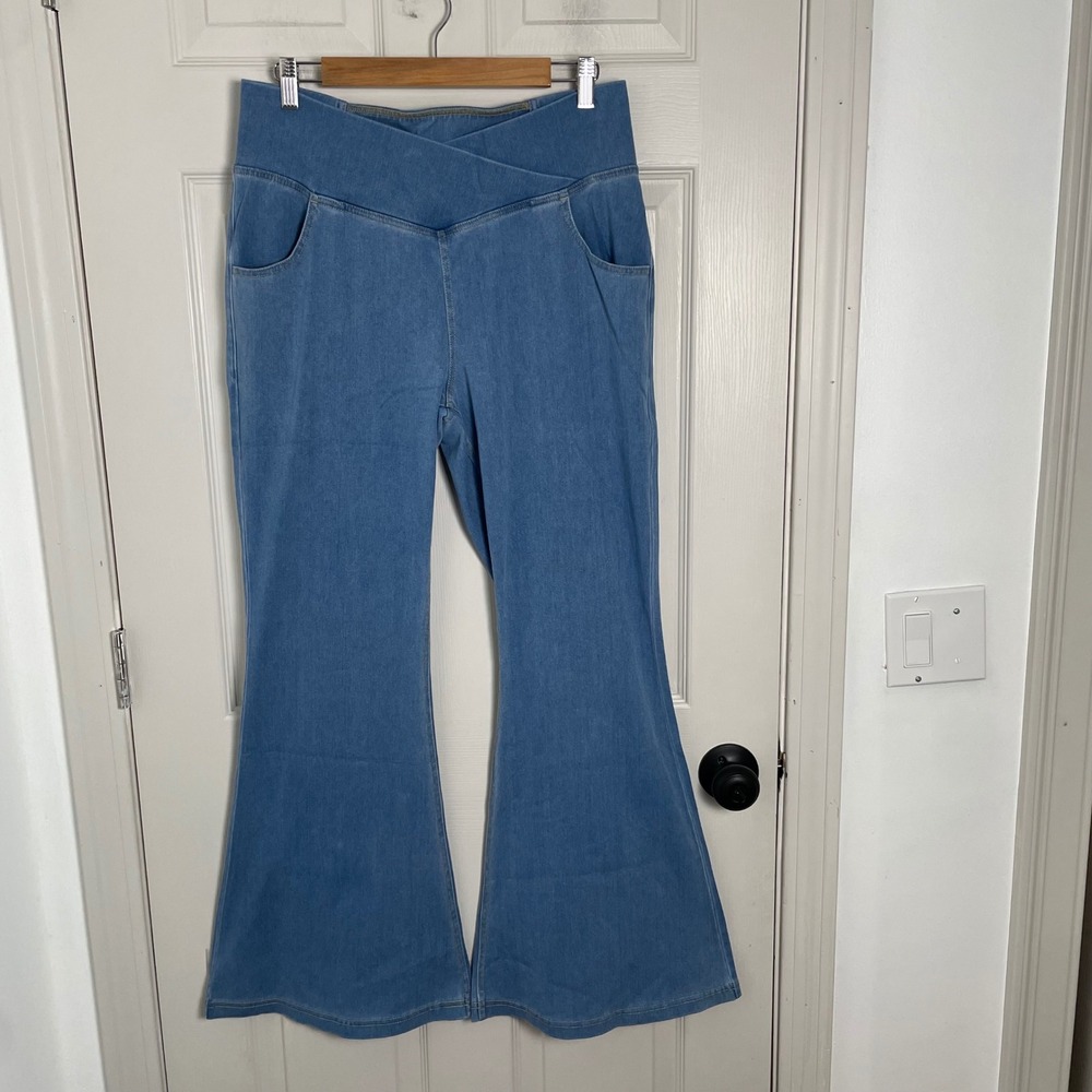 Halara Flare Jeans Women XL Blue Crossover Waist Flex Denim Athleisure Y2K